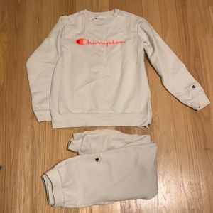 Champion Kids fleece large sweatshirt medium sweatpants beige neon orange set